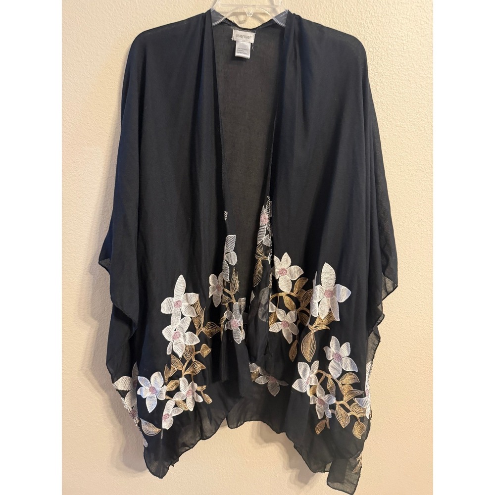 Avenue‎ Black Floral Embroidered Kimono Cardigan Lightweight Sheer Women's